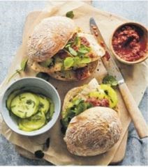 Hake burgers, cucumber pickle & tomato tapenade