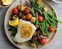 Hake, cherry tomato & potato traybake