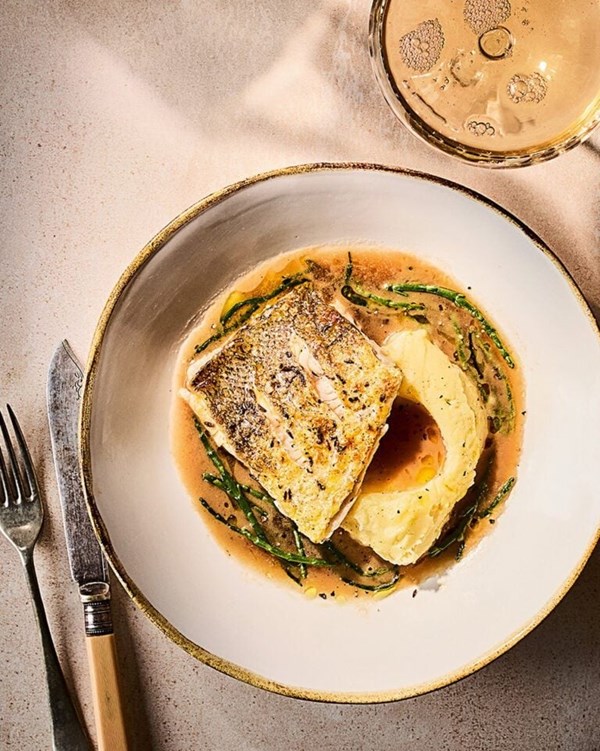 Hake, cider and samphire