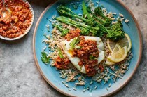 Hake with cheat's romesco sauce