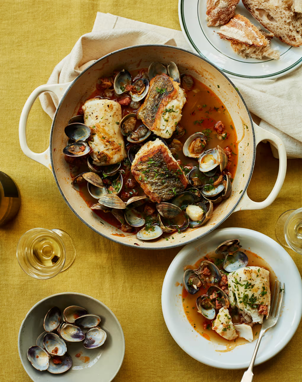 Hake with clams, chorizo and manzanilla