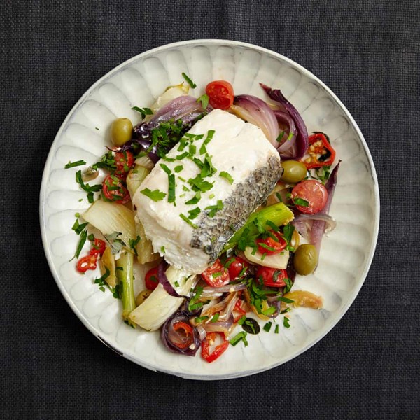 Hake with olives, chilli and preserved lemon