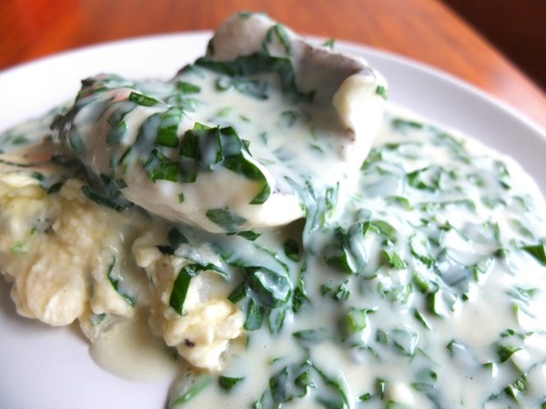 Hake with parsley & wild garlic sauce (in the style of Bird's Eye)