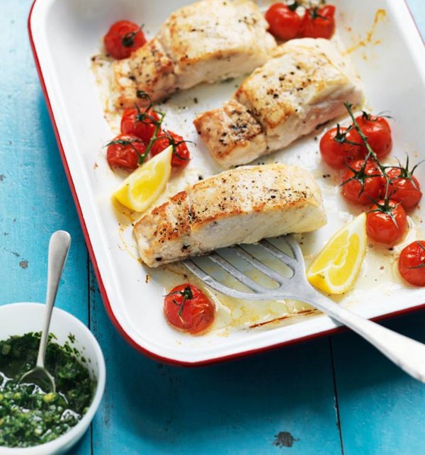Hake with tomatoes and cucumber salsa verde