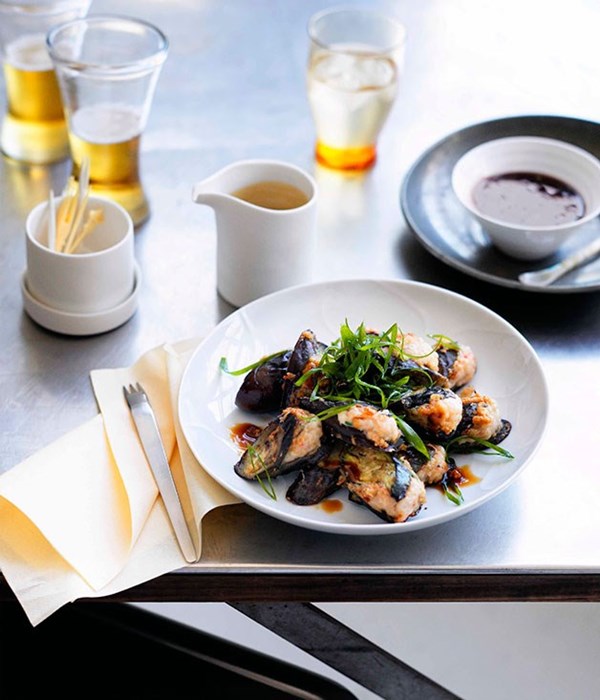 Hakka-style eggplant with prawn filling