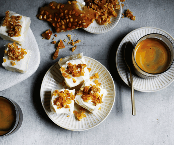 Halawet el jibn and candied pine nuts