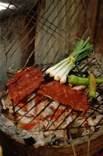 Half-dried pork strips in chile marinade (Cecina enchilada)
