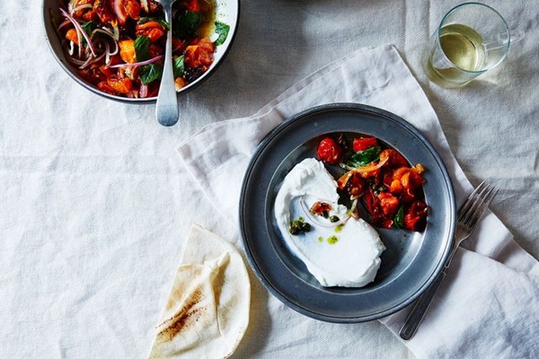 Half roasted tomato salad with salsa verde