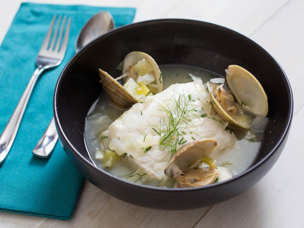Halibut à la nage with clams, dill, and white wine