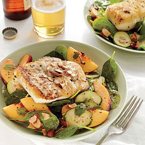 Halibut and peach salad with lemon-mint vinaigrette