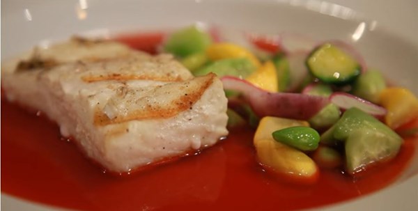 Halibut and radishes in beet dashi