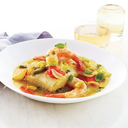 Halibut and shrimp with minted broth