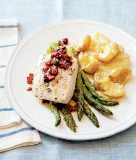 Halibut, asparagus, and potatoes with olive sauce