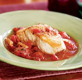 Halibut braised in a tomato-fennel broth