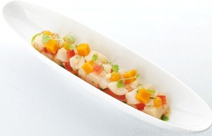 Halibut ceviche with mango and passion fruit