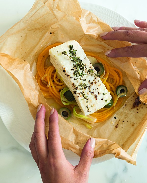 Halibut en papillote with butternut squash