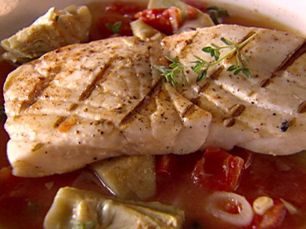 Halibut in artichoke and tomato broth