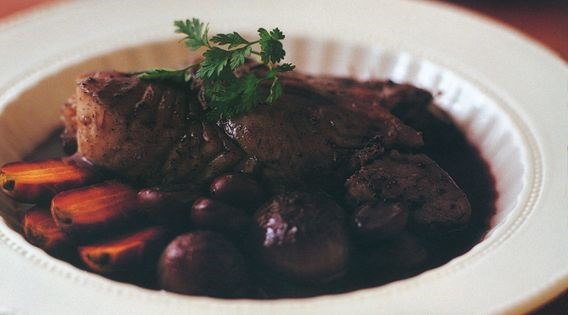 Halibut in Bordeaux-style red wine sauce (Flétan à la Bordelaise)