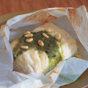 Halibut in parchment with basil oil