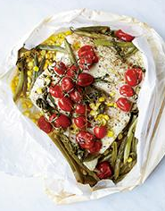 Halibut in parchment with corn and tomatoes