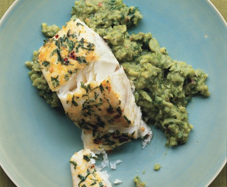 Halibut on mashed fava beans with mint