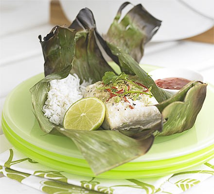 Halibut parcels with coconut cream, chilli and lime