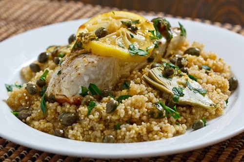 Halibut piccata with baby artichokes on quinoa