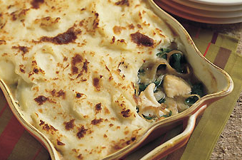 Halibut pot pie with mashed potato crust