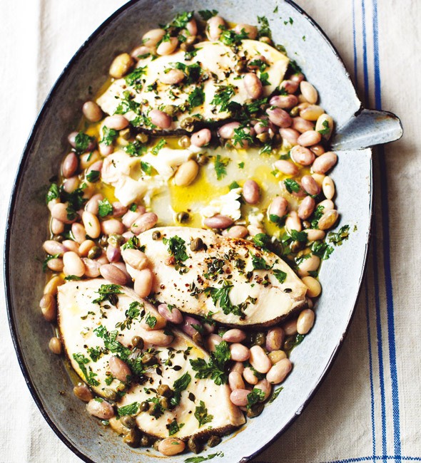 Halibut roasted with thyme, capers and borlotti beans