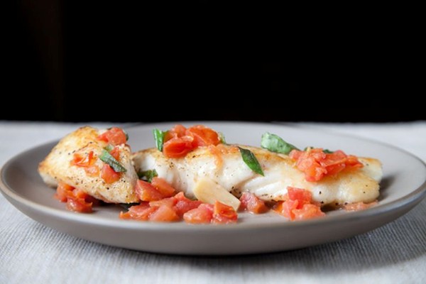 Halibut w/ basil, garlic, and tomato