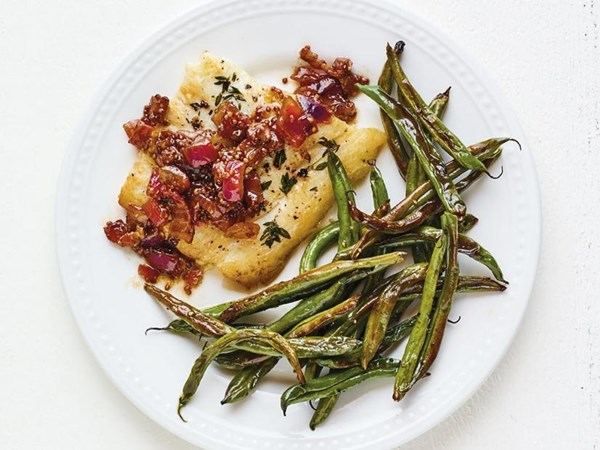 Halibut with bacon jam and roasted green beans