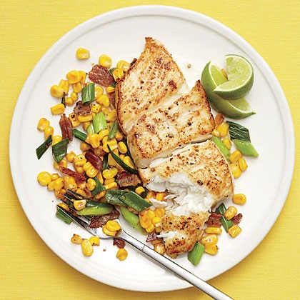 Halibut with bacony corn sauté