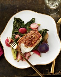 Halibut with braised romaine and cumin brown butter