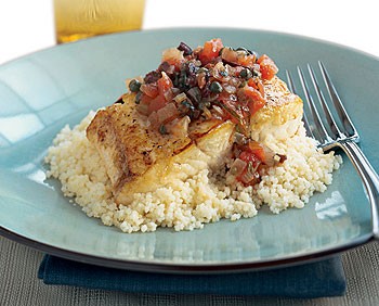 Halibut with capers, olives, and tomatoes