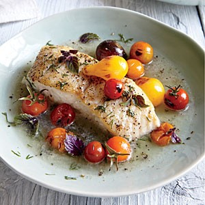 Halibut with charred tomatoes and dill