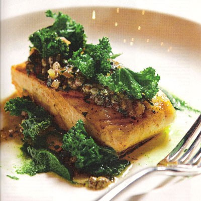 Halibut with chestnuts, capers and beurre noisette