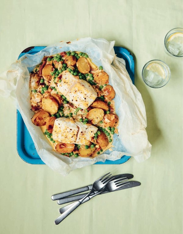 Halibut with creamy vegetables and potatoes 
