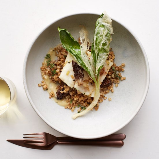 Halibut with einkorn, morels and tempura ramps