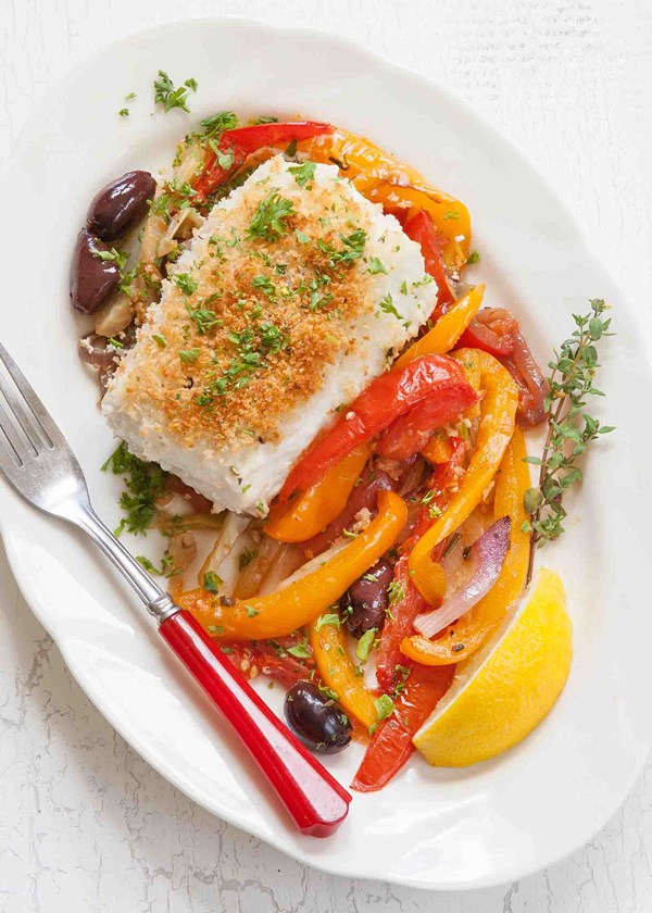 Halibut with fennel, peppers, and tomato