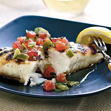 Halibut with grilled tomato and olive relish