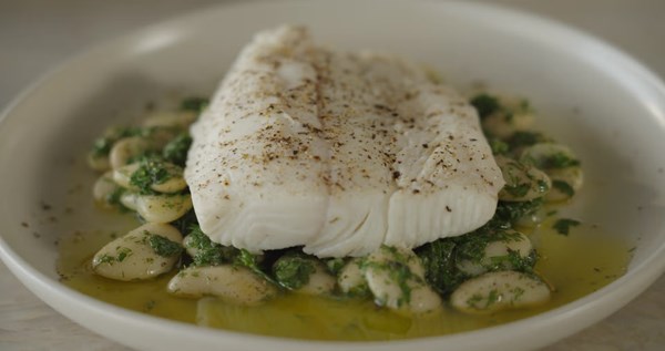 Halibut with herby butter beans