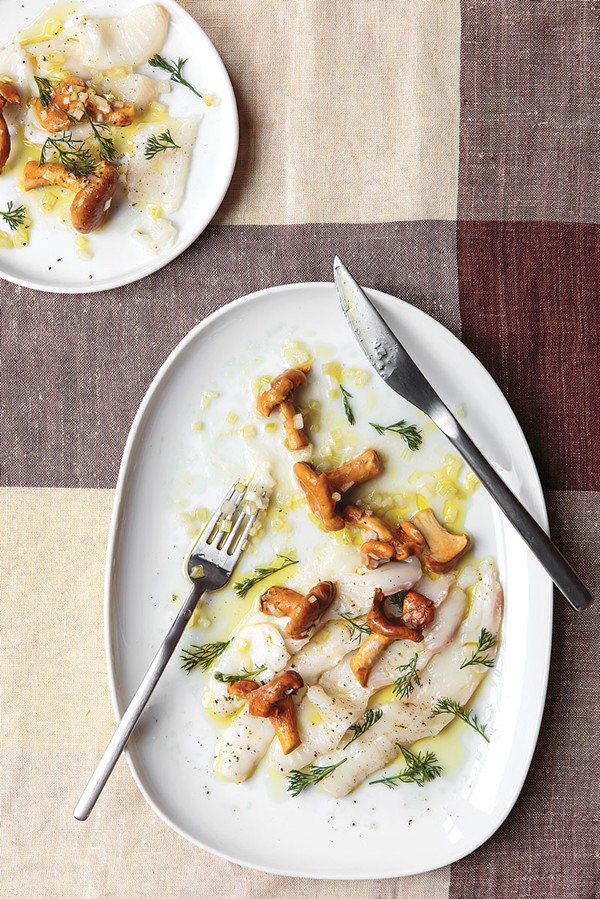 Halibut with marinated chanterelles and chamomile