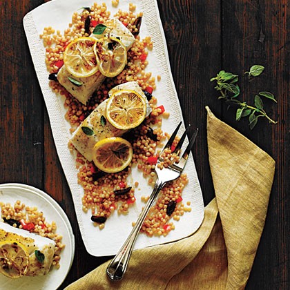 Halibut with olive and bell pepper couscous