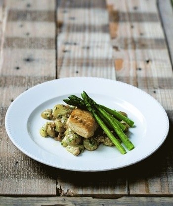 Halibut with parsley potatoes, Morecambe Bay shrimps and asparagus