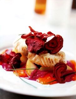 Halibut with red pepper sauce and beetroot crisps