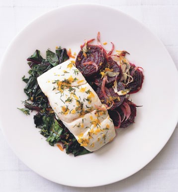 Halibut with roasted beets, beet greens, and dill-orange gremolata