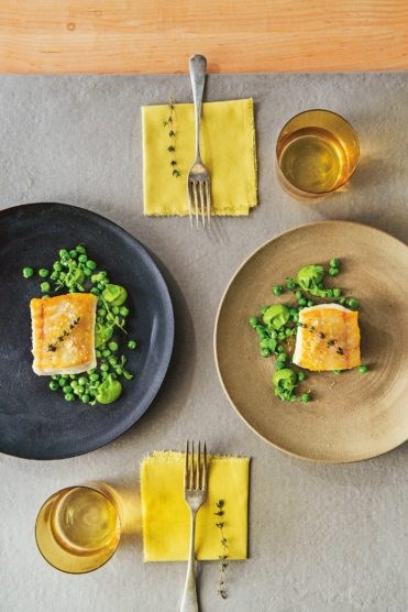 Halibut with spring peas and spinach puree