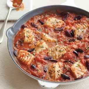 Halibut with tomatoes, olives, and marjoram