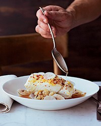 Halibut with turnip mash in mushroom-kombu broth