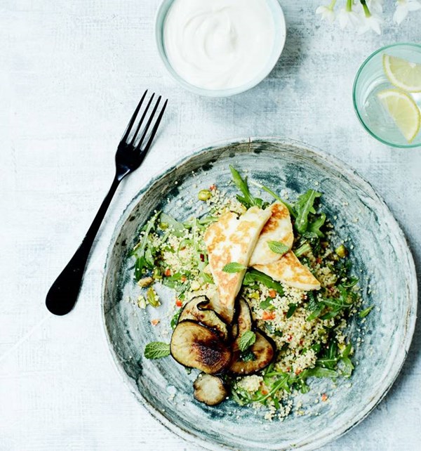 Halloumi & aubergine with minted couscous